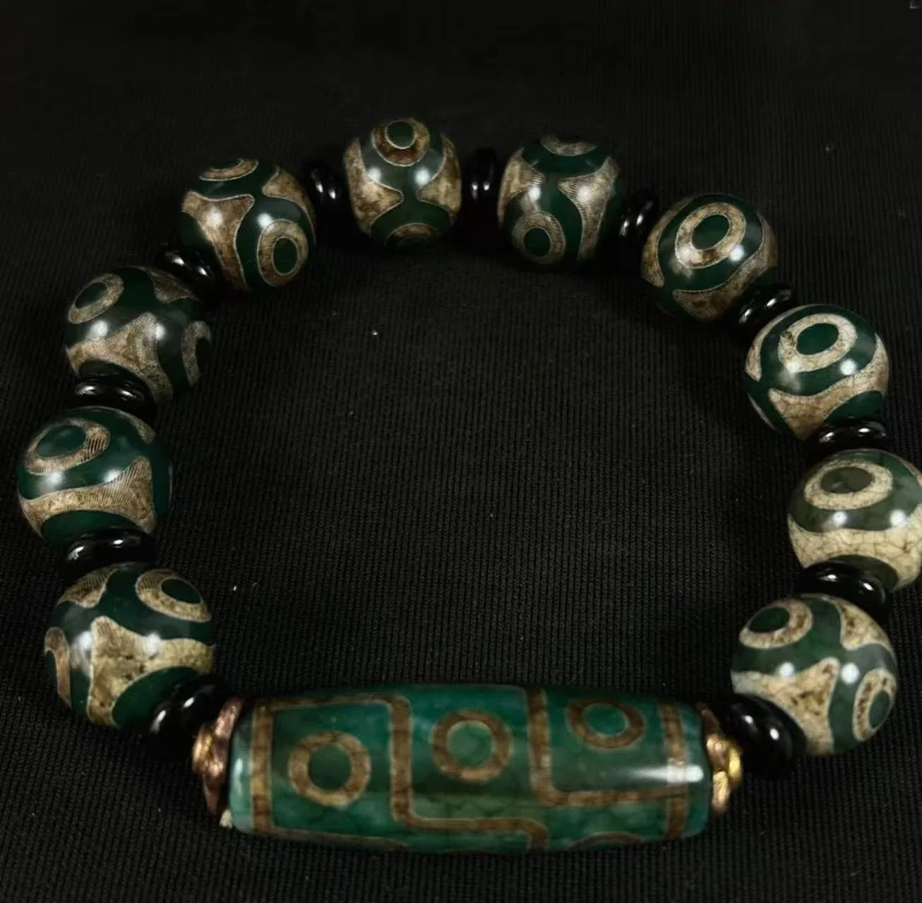 Abundant Crown Three-Eye & Nine-Eye Dzi Bracelet — Fortune Rising, Summit Reached
