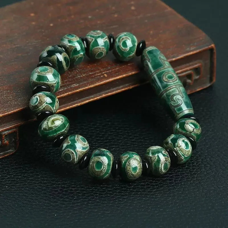 Abundant Crown Three-Eye & Nine-Eye Dzi Bracelet — Fortune Rising, Summit Reached