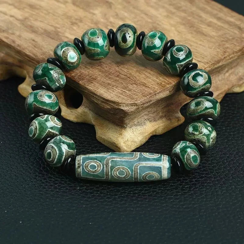 Abundant Crown Three-Eye & Nine-Eye Dzi Bracelet — Fortune Rising, Summit Reached