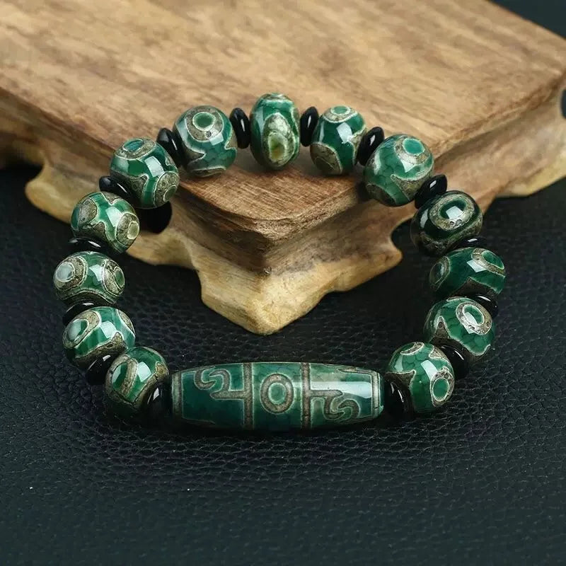 Abundant Crown Three-Eye & Nine-Eye Dzi Bracelet — Fortune Rising, Summit Reached