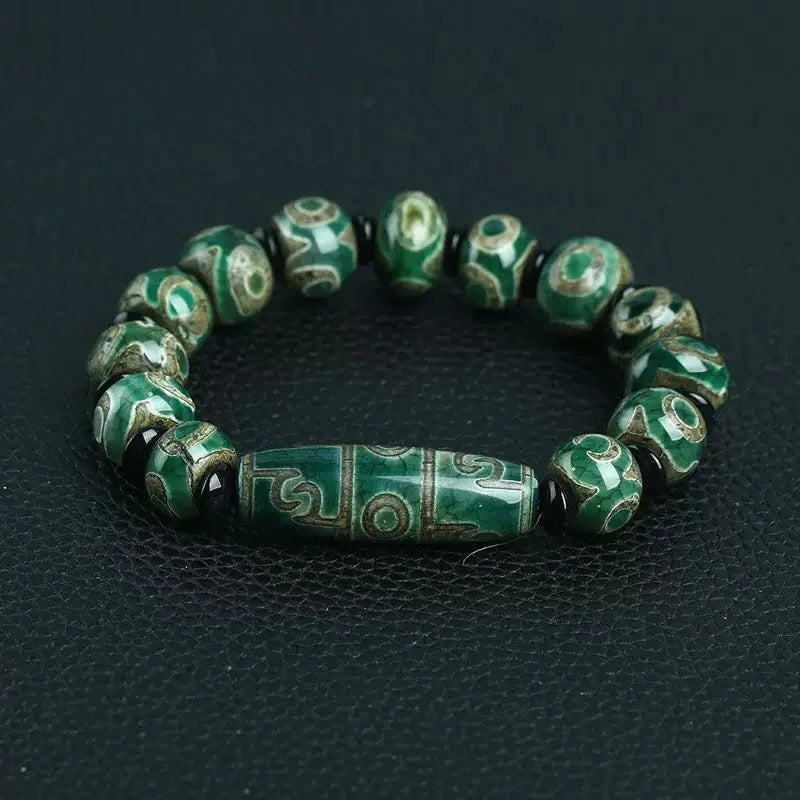 Abundant Crown Three-Eye & Nine-Eye Dzi Bracelet — Fortune Rising, Summit Reached