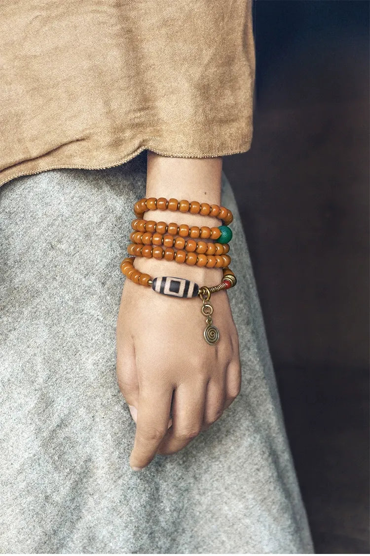 Golden Bodhi 108 Yellow Mala — One Vintage Dzi, One Full Count
