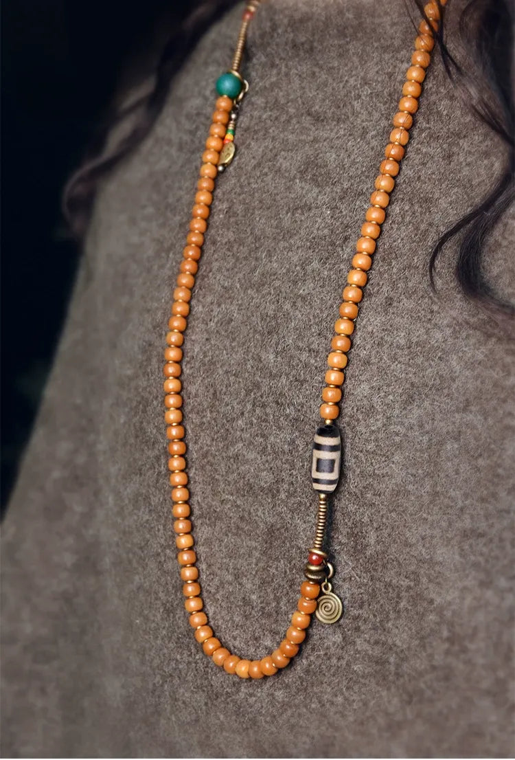Golden Bodhi 108 Yellow Mala — One Vintage Dzi, One Full Count