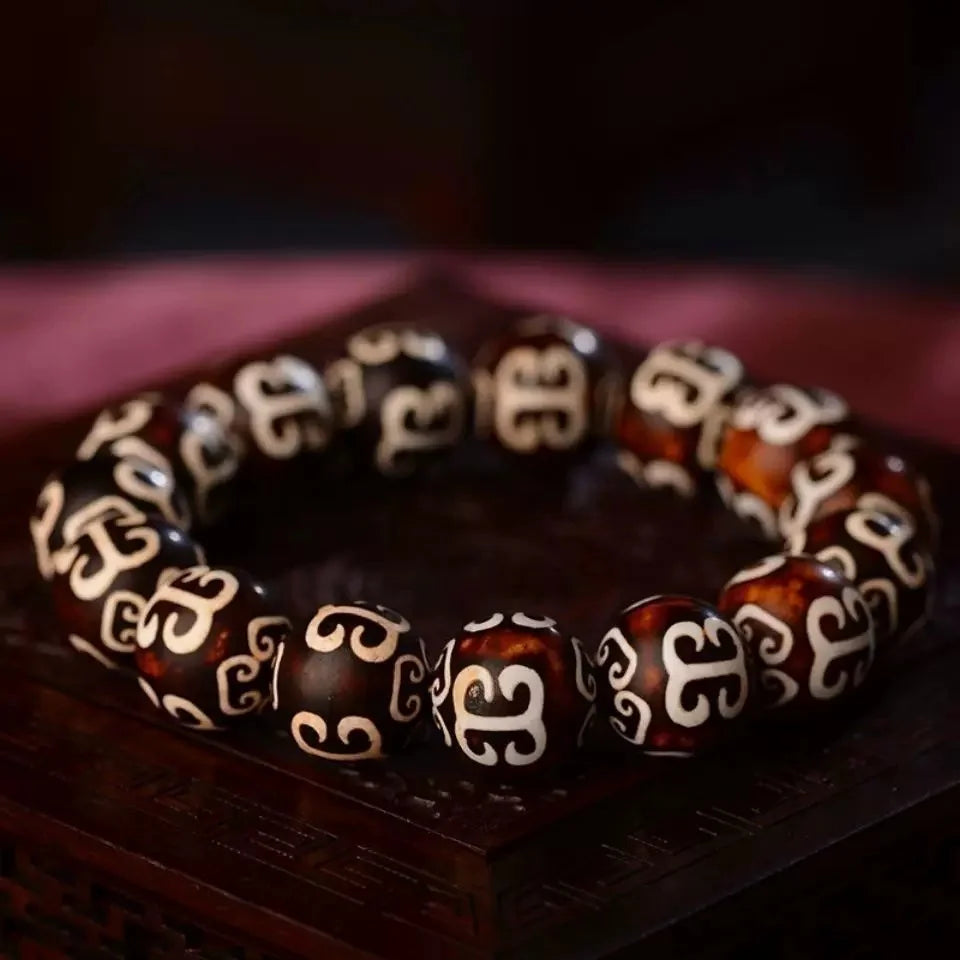 Healing Light Twelve Three-Eye Medicine Line Dzi Bracelet — Silver Lined, Whole