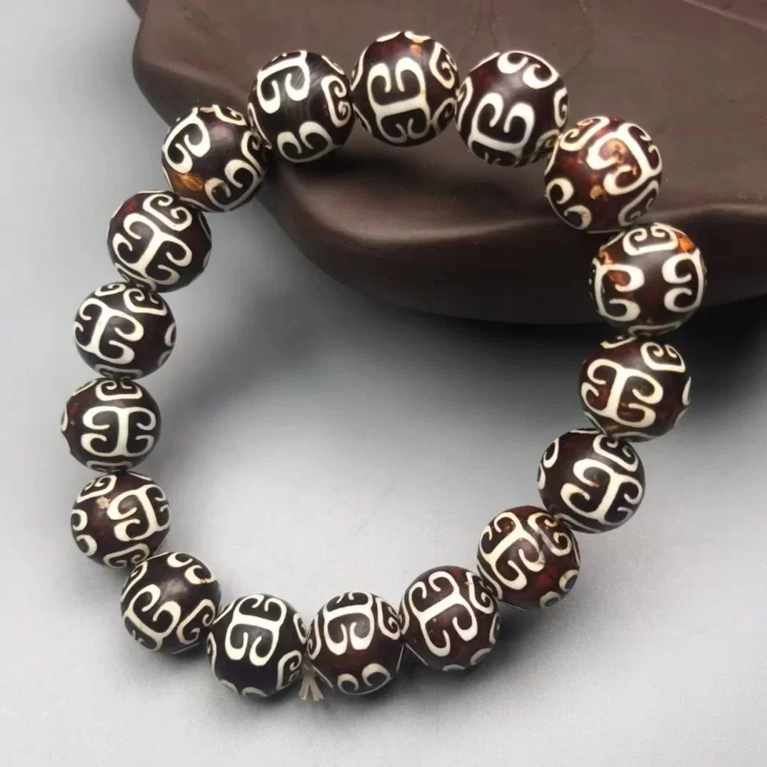 Healing Light Twelve Three-Eye Medicine Line Dzi Bracelet — Silver Lined, Whole