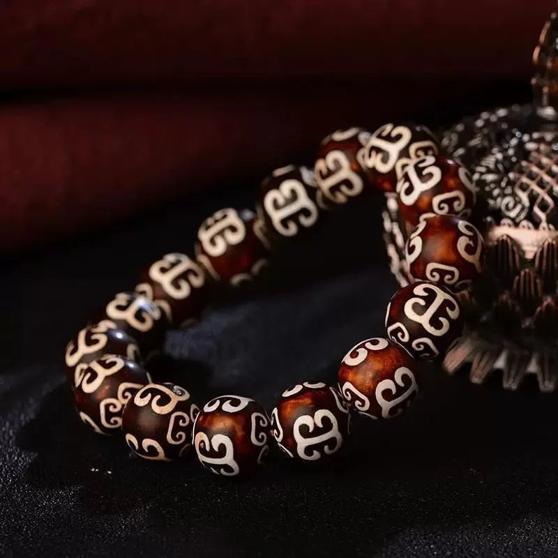 Healing Light Twelve Three-Eye Medicine Line Dzi Bracelet — Silver Lined, Whole