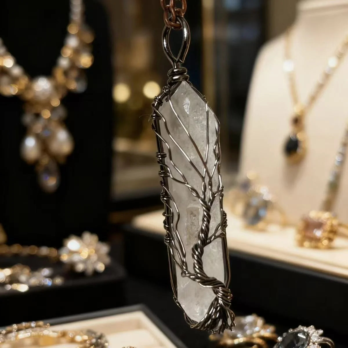 Rooted Growth Tree of Life Clear Quartz Pendant — Wire-Wrapped, Deep