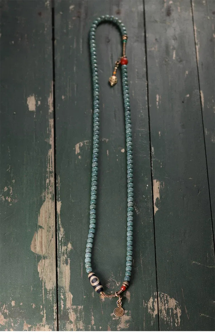 Sky Bodhi 108 Light Blue Mala — Vintage Dzi at the Summit
