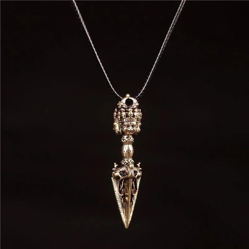 Threefold Guardian Brass Vajra Pendant — Three Faces, One Unbroken Edge