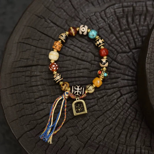Woven Path Dzi and Yak Bone Bracelet — Bone, Stone, and Cord