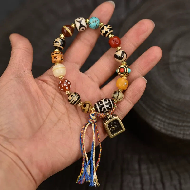 Woven Path Dzi and Yak Bone Bracelet — Bone, Stone, and Cord